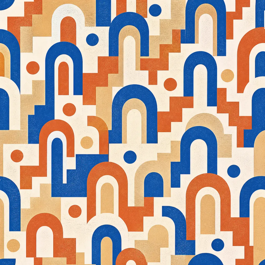 Rounded arches, dots, and stepped lines in cobalt, terracotta, sand, and off-white with subtle screen-print texture.