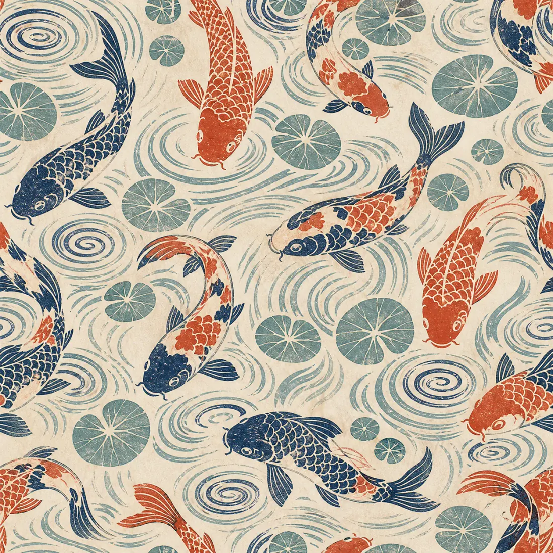 Stylized koi, ripples, and lotus leaves in an indigo, vermilion, aqua, and ivory linocut direction.