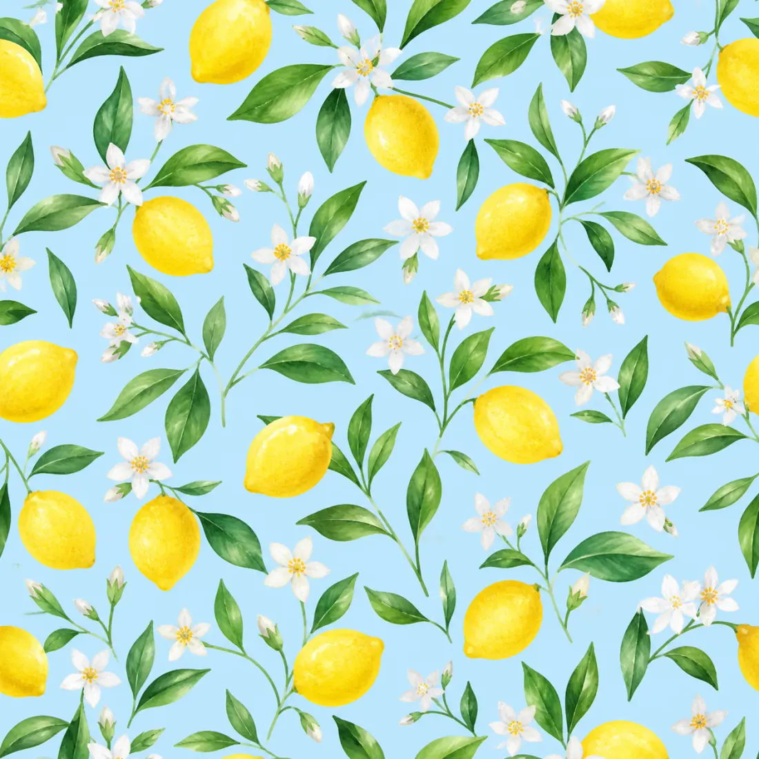 Tiny lemons, green leaves, and white blossoms in clean watercolor on a pale sky-blue ground.