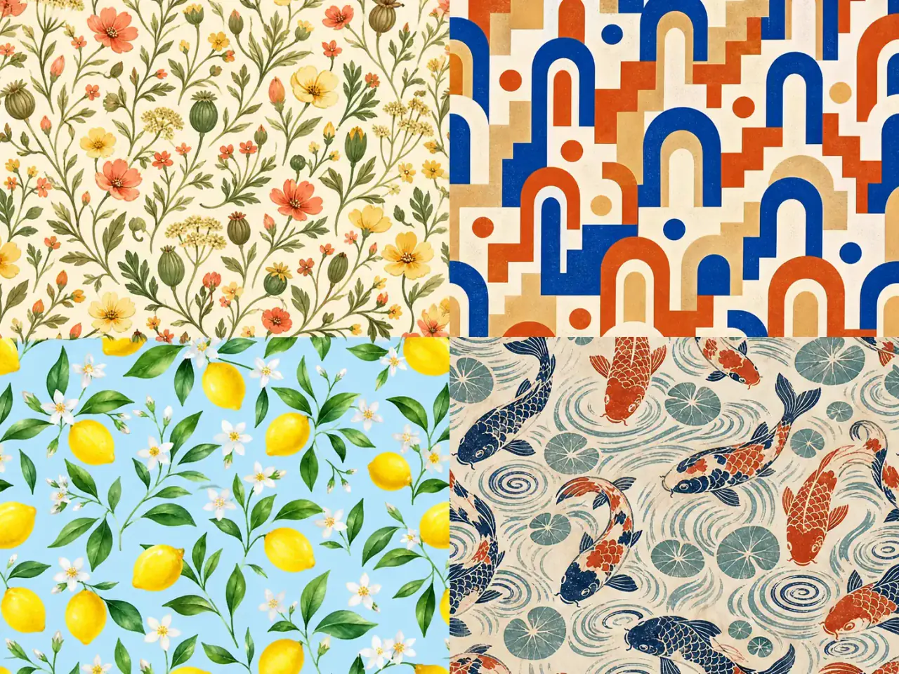 Four original AI pattern concepts showing wildflowers, geometric arches, lemons, and koi in a 4 by 3 sampler