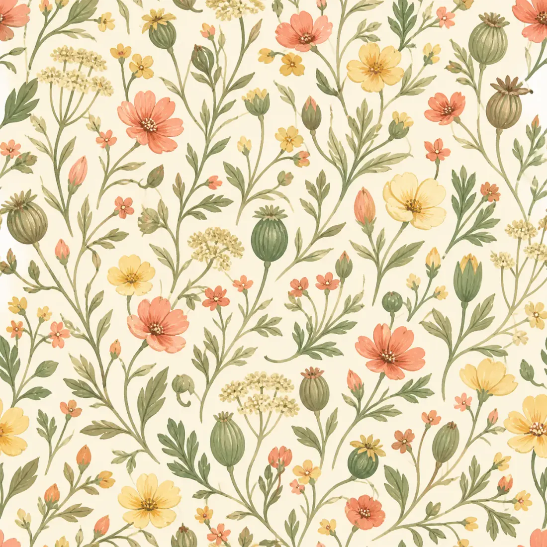 Small wildflowers and seed pods in refined gouache, sage, coral, butter yellow, warm cream, balanced all-over spacing.